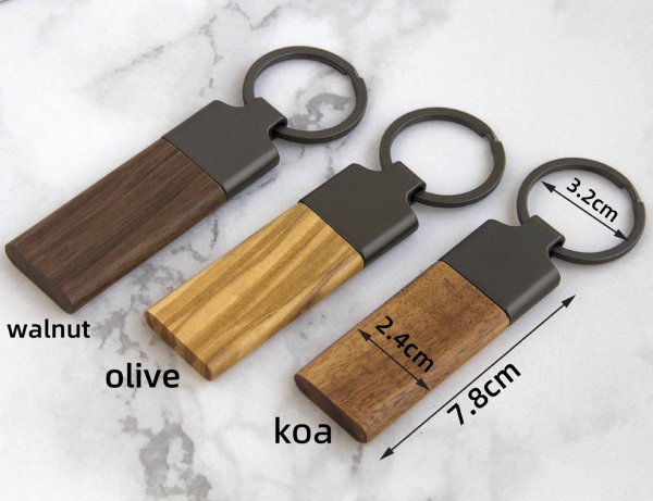 尺寸 Handcrafted Rectangular Solid Wood Keychain with Vintage Metal Hardware - Olive, Walnut & Acacia Wood