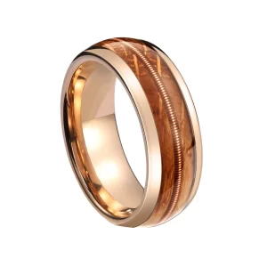 弧面酒桶木镶吉它弦钨钢戒指 (2) Men's 8mm Tungsten Ring with Authentic Guitar String & Reclaimed Whiskey Barrel Wood Inlay