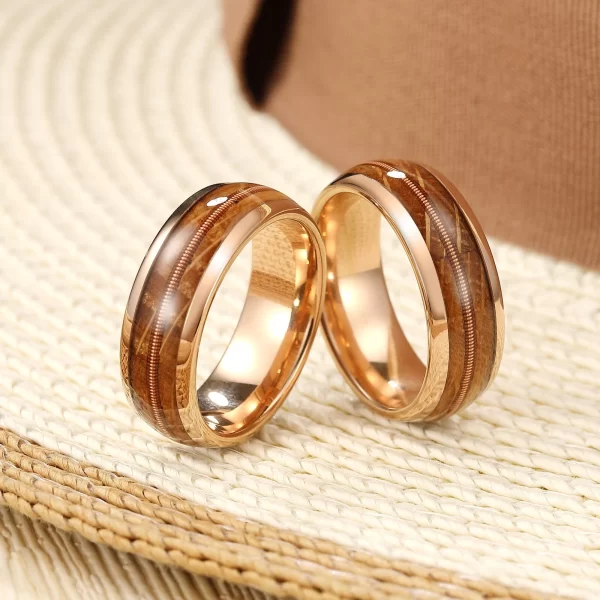 弧面酒桶木镶吉它弦钨钢戒指 (5) Men's 8mm Tungsten Ring with Authentic Guitar String & Reclaimed Whiskey Barrel Wood Inlay