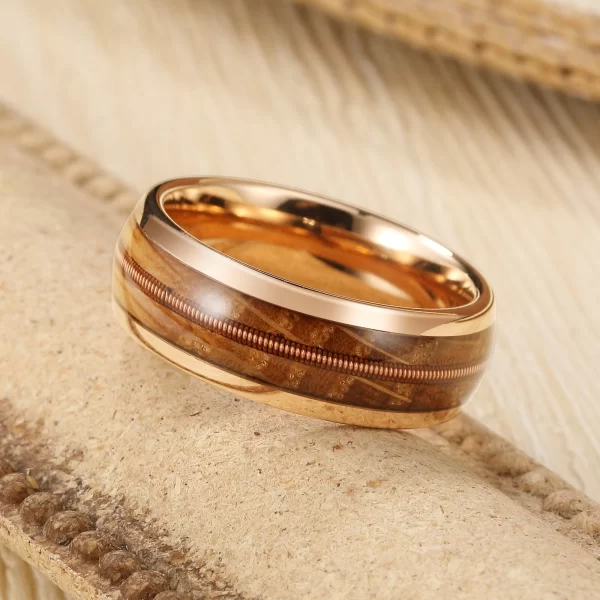 弧面酒桶木镶吉它弦钨钢戒指 (6) Men's 8mm Tungsten Ring with Authentic Guitar String & Reclaimed Whiskey Barrel Wood Inlay