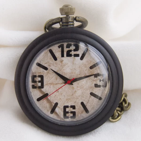 Modern Ebony & Walnut Wood Arabic Numeral Pocket Watch with Chain - Miyota Movement