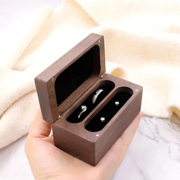 Handcrafted Solid Walnut Wood 4-Slot Ring Box with Magnetic Closure & Cushion