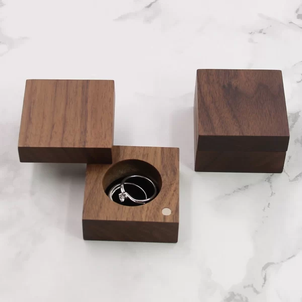 Handcrafted Solid Walnut Swivel Wooden Ring Box with Magnetic Closure for Proposal