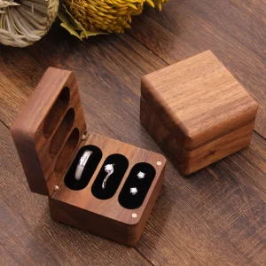 Handcrafted Square Solid Walnut Wood 3-Slot Jewelry Box for Rings & Earrings