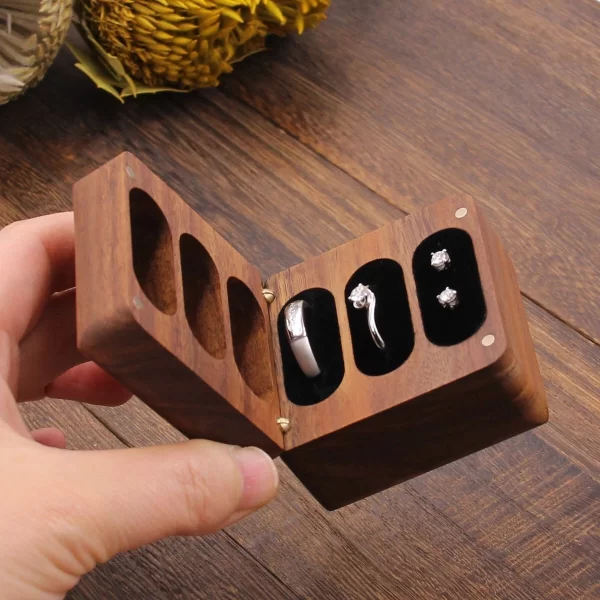 戒指盒3 (2) Handcrafted Square Solid Walnut Wood 3-Slot Jewelry Box for Rings & Earrings