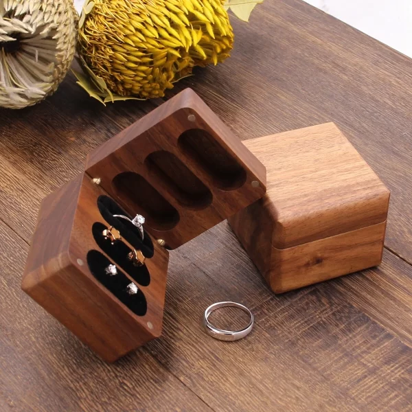 戒指盒3 (3) Handcrafted Square Solid Walnut Wood 3-Slot Jewelry Box for Rings & Earrings