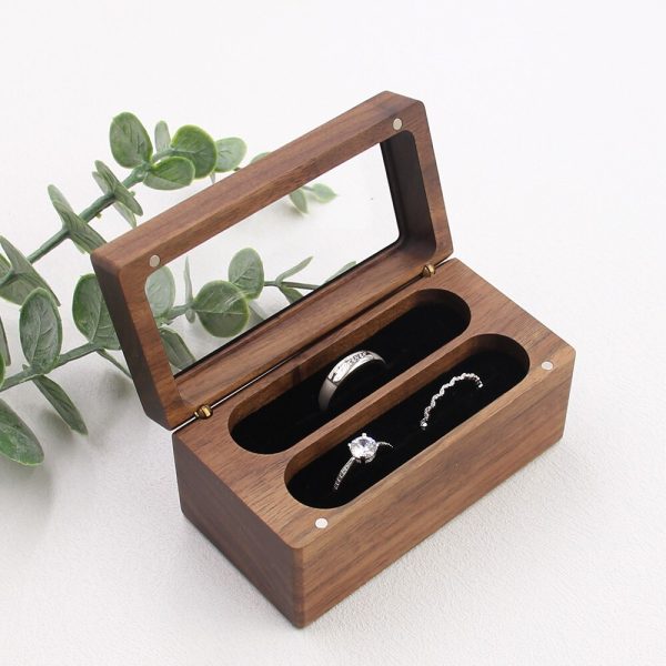 戒指盒4 (1) Handcrafted Solid Walnut Jewelry Box with Real Glass Lid & Velvet 4-Slot Interior