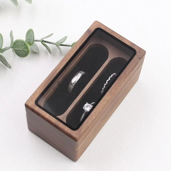 戒指盒4 (1) Handcrafted Solid Walnut Jewelry Box with Real Glass Lid & Velvet 4-Slot Interior