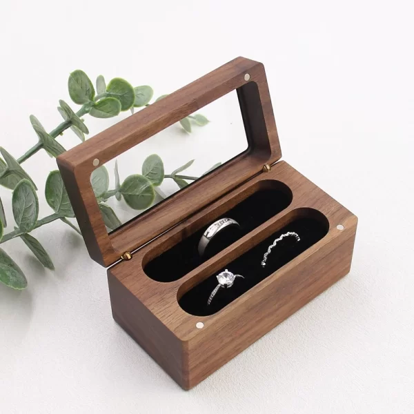 戒指盒4 (2) Handcrafted Solid Walnut Jewelry Box with Real Glass Lid & Velvet 4-Slot Interior
