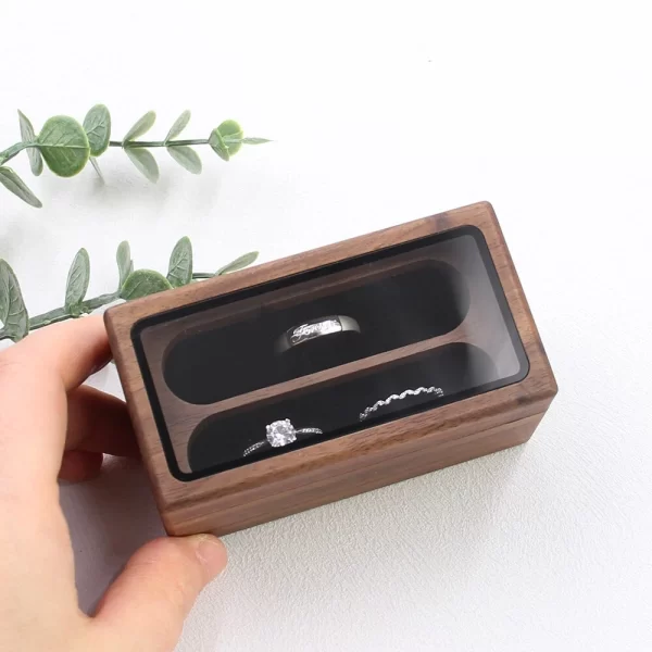 戒指盒4 (3) Handcrafted Solid Walnut Jewelry Box with Real Glass Lid & Velvet 4-Slot Interior