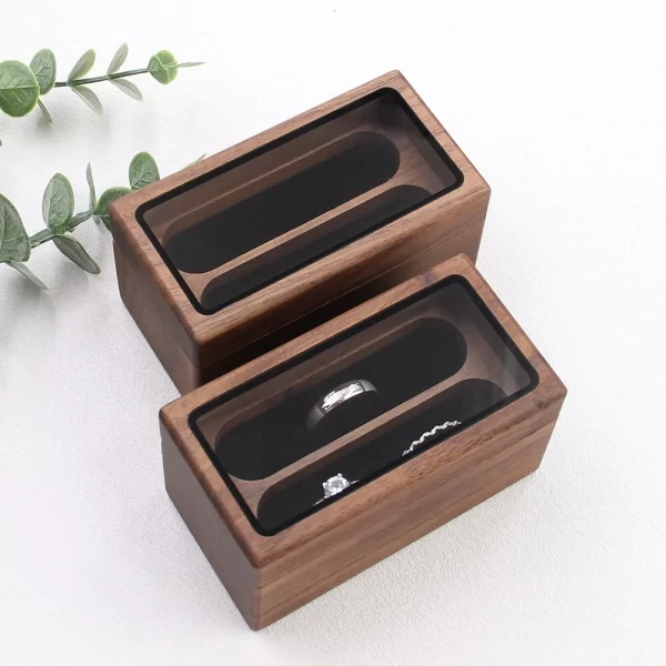 戒指盒4 (5) Handcrafted Solid Walnut Jewelry Box with Real Glass Lid & Velvet 4-Slot Interior