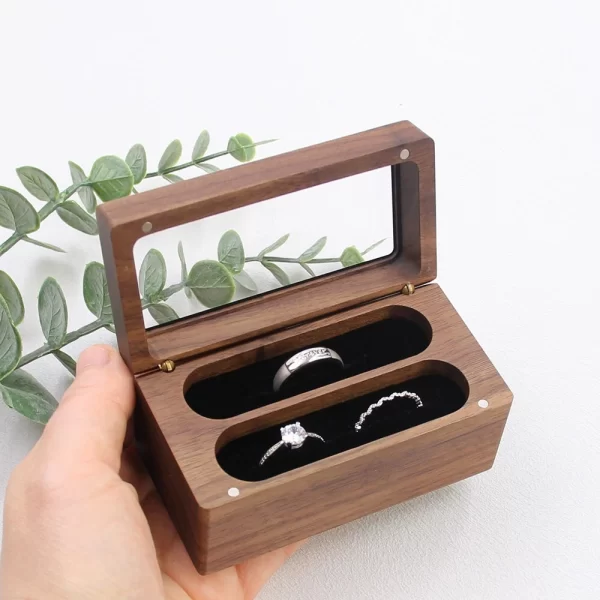 戒指盒4 (6) Handcrafted Solid Walnut Jewelry Box with Real Glass Lid & Velvet 4-Slot Interior