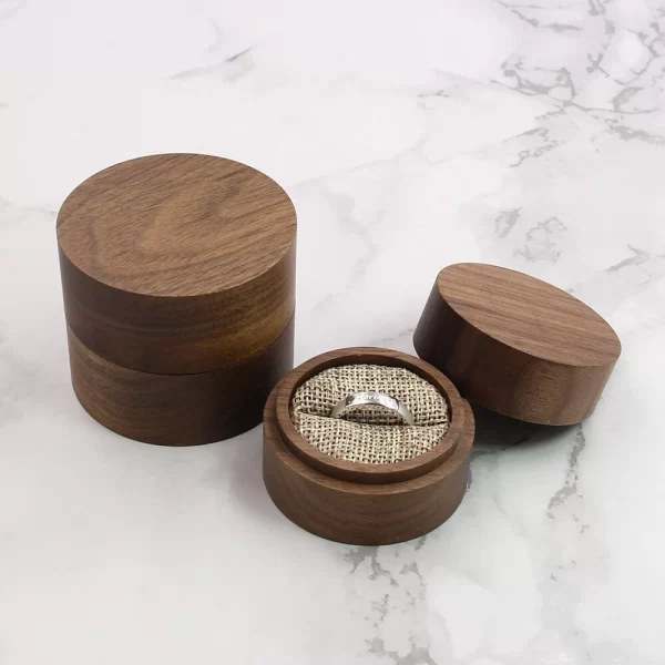 Handcrafted Round Solid Walnut Wood Ring Box with Lined Interior - Available in 2 Sizes