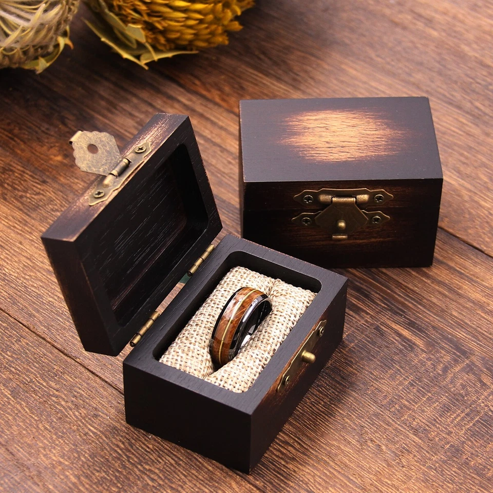 Handcrafted Solid Acacia Wood Ring Box with Vintage Brass Latch for Proposal & Wedding