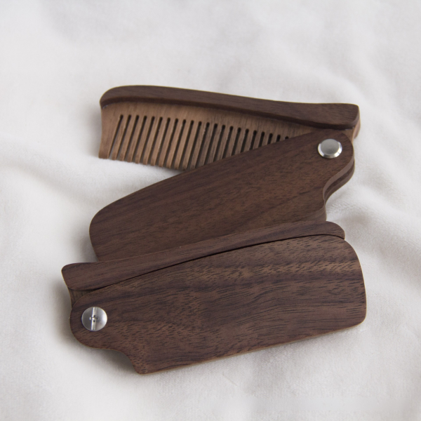 木梳子去水印4 Folding Walnut & Sapele Wood Beard Comb for Men - Pocket Size Anti-Static Natural Hardwood Mustache & Beard Grooming Comb