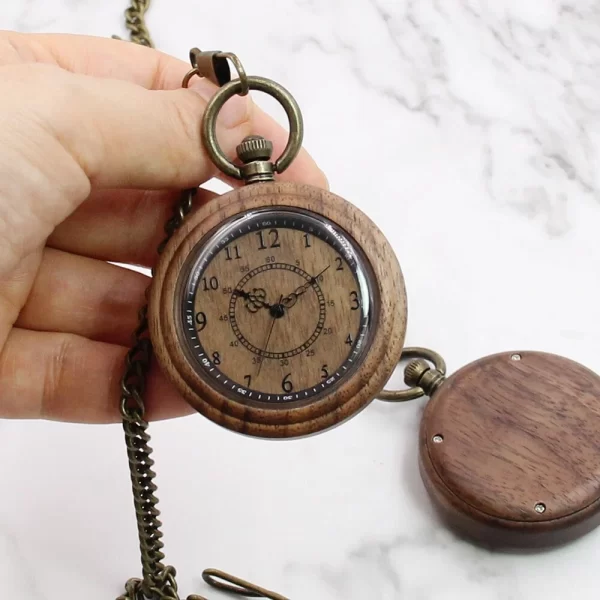 木质怀表 (4) Natural Wood Pocket Watch with Chain - 5th Anniversary Wood Gift for Him & Her