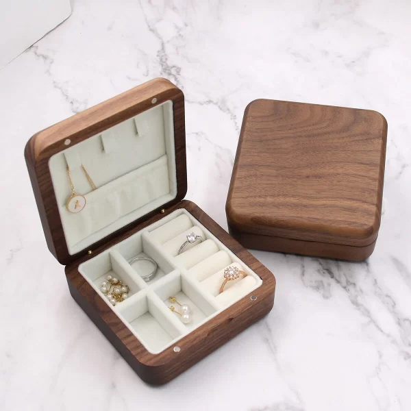 核桃木首饰盒 (1) Handcrafted Solid Walnut Wood Travel Jewelry Box - Portable Organizer for Rings & Necklaces