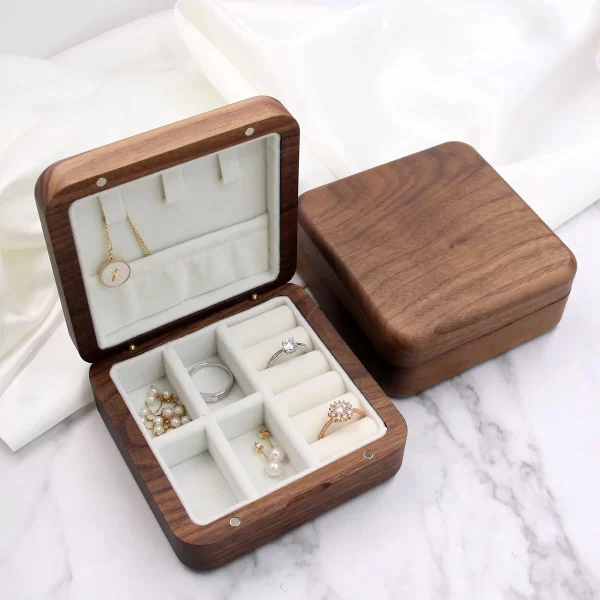 核桃木首饰盒 (2) Handcrafted Solid Walnut Wood Travel Jewelry Box - Portable Organizer for Rings & Necklaces