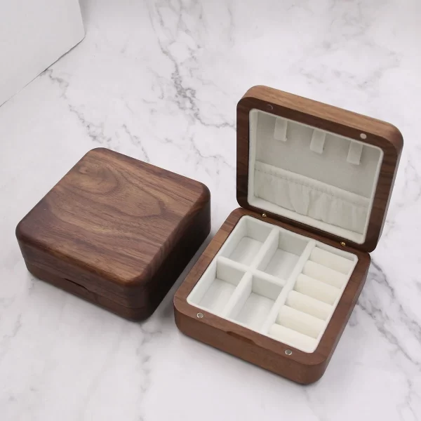 核桃木首饰盒 (7) Handcrafted Solid Walnut Wood Travel Jewelry Box - Portable Organizer for Rings & Necklaces