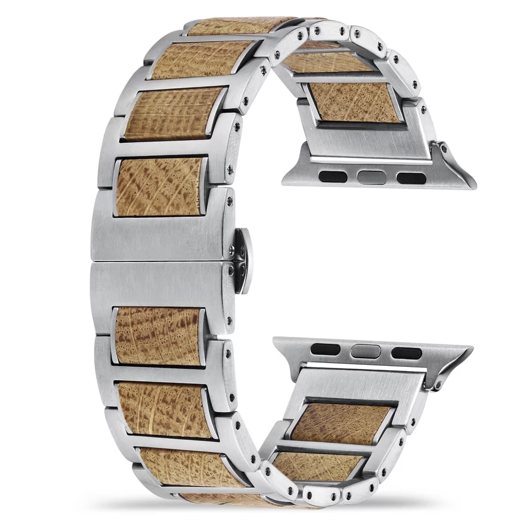 Whisky Barrel Wood Band for Apple Watch 38/40/41/42/44/45/46/49mm - Recycled Oak Wood & Stainless Steel Strap Series 1-10 Ultra