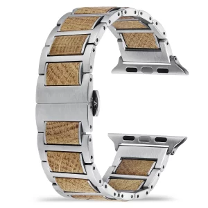白橡银表带 (2) Whisky Barrel Wood Band for Apple Watch 38/40/41/42/44/45/46/49mm - Recycled Oak Wood & Stainless Steel Strap Series 1-10 Ultra