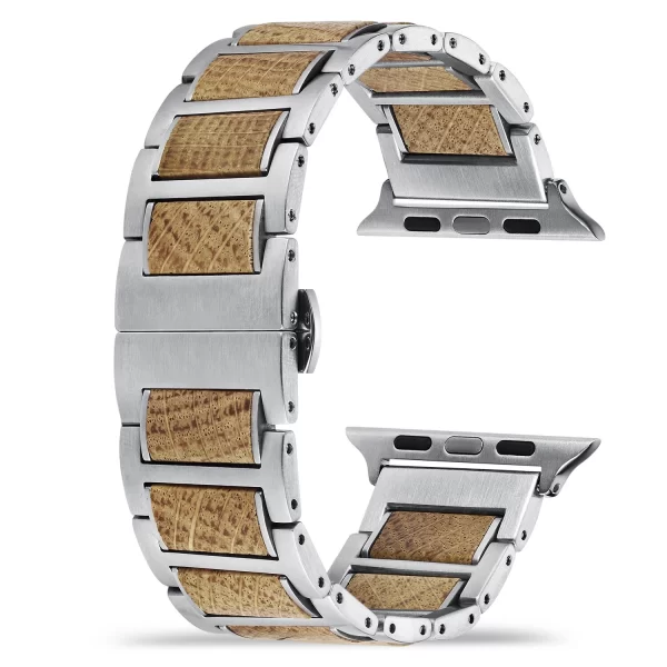白橡银表带 (2) Whisky Barrel Wood Band for Apple Watch 38/40/41/42/44/45/46/49mm - Recycled Oak Wood & Stainless Steel Strap Series 1-10 Ultra