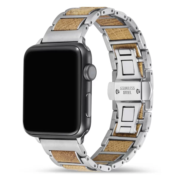 白橡银表带 (3) Whisky Barrel Wood Band for Apple Watch 38/40/41/42/44/45/46/49mm - Recycled Oak Wood & Stainless Steel Strap Series 1-10 Ultra