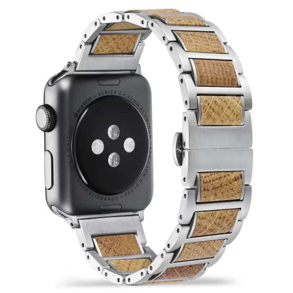 白橡银表带 (4) Whisky Barrel Wood Band for Apple Watch 38/40/41/42/44/45/46/49mm - Recycled Oak Wood & Stainless Steel Strap Series 1-10 Ultra