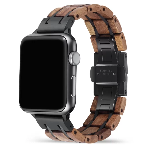 相思黑表带 (2) Hawaiian Koa Wood Band for Apple Watch 38/40/41/42/44/45/46/49mm - Natural Wood & Stainless Steel Strap Series 1-10 Ultra