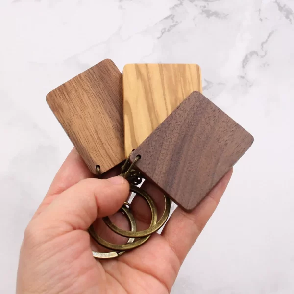 空白木质钥匙扣 (6) Handcrafted Square Solid Wood Plaque Keychain - Walnut, Olive & Acacia Wood