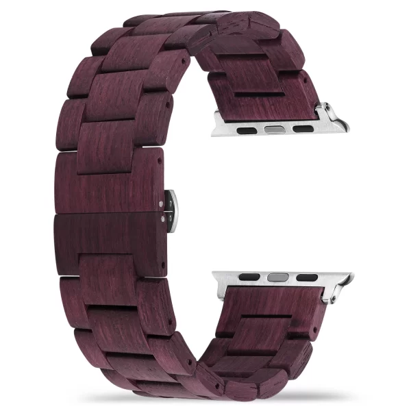 紫心木 (2) Purpleheart Wood Band for Apple Watch 38/40/41/42/44/45/46/49mm - Natural Wood & Brushed Stainless Steel Strap Series 1-10 Ultra