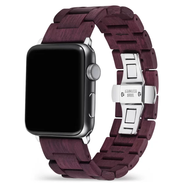 紫心木 (3) Purpleheart Wood Band for Apple Watch 38/40/41/42/44/45/46/49mm - Natural Wood & Brushed Stainless Steel Strap Series 1-10 Ultra