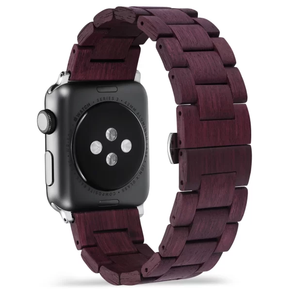 紫心木 (4) Purpleheart Wood Band for Apple Watch 38/40/41/42/44/45/46/49mm - Natural Wood & Brushed Stainless Steel Strap Series 1-10 Ultra