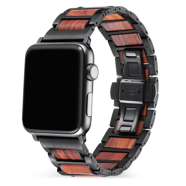红檀黑表带 (2) Red Sandalwood & Stainless Steel Band for Apple Watch 38/40/41/42/44/45/46/49mm - Natural Wood Strap Series 1-10 Ultra