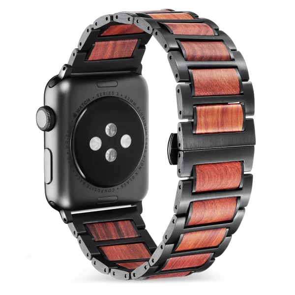 红檀黑表带 (3) Red Sandalwood & Stainless Steel Band for Apple Watch 38/40/41/42/44/45/46/49mm - Natural Wood Strap Series 1-10 Ultra