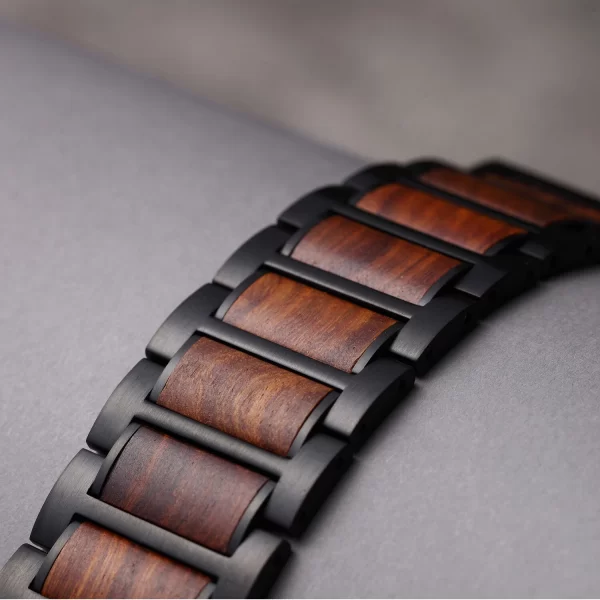 红檀黑表带 (4) Red Sandalwood & Stainless Steel Band for Apple Watch 38/40/41/42/44/45/46/49mm - Natural Wood Strap Series 1-10 Ultra