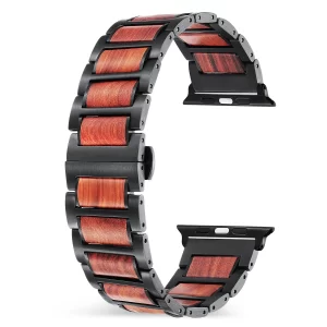 红檀黑表带 (5) Red Sandalwood & Stainless Steel Band for Apple Watch 38/40/41/42/44/45/46/49mm - Natural Wood Strap Series 1-10 Ultra