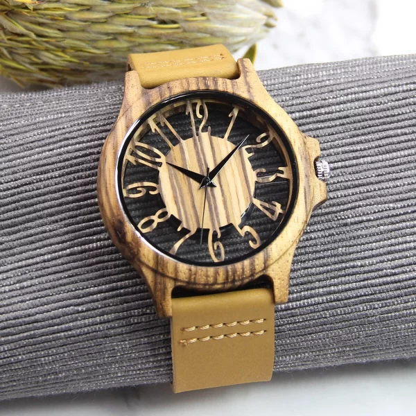 胡桃镂空真皮木制手表 (13) Handcrafted Men's Natural Wood Watch - Unique Quartz Wristwatch Gift for Him