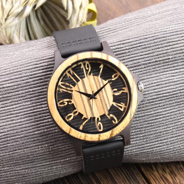 胡桃镂空真皮木制手表 (14) Handcrafted Men's Natural Wood Watch - Unique Quartz Wristwatch Gift for Him