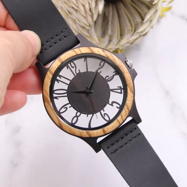 胡桃镂空真皮木制手表 (3) Handcrafted Men's Natural Wood Watch - Unique Quartz Wristwatch Gift for Him