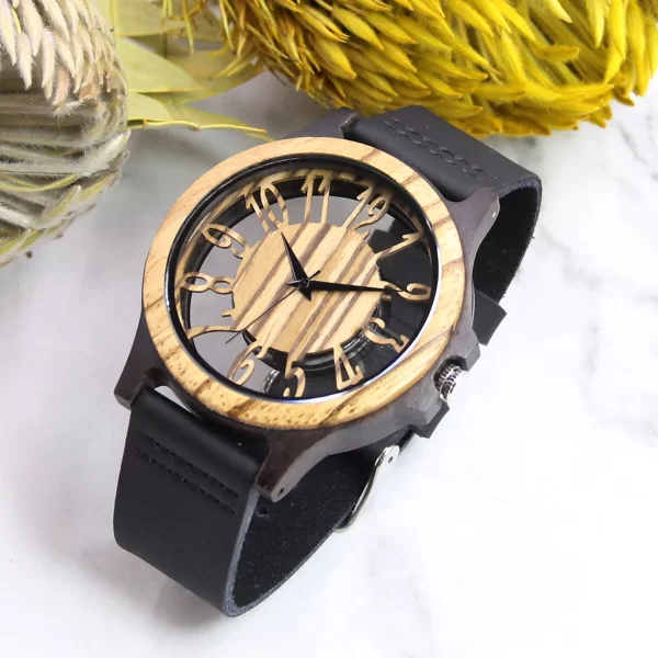 胡桃镂空真皮木制手表 (4) Handcrafted Men's Natural Wood Watch - Unique Quartz Wristwatch Gift for Him