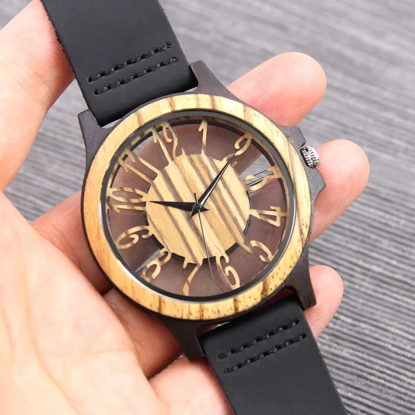 胡桃镂空真皮木制手表 (5) Handcrafted Men's Natural Wood Watch - Unique Quartz Wristwatch Gift for Him