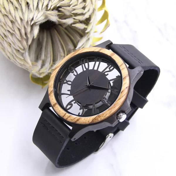 胡桃镂空真皮木制手表 (6) Handcrafted Men's Natural Wood Watch - Unique Quartz Wristwatch Gift for Him