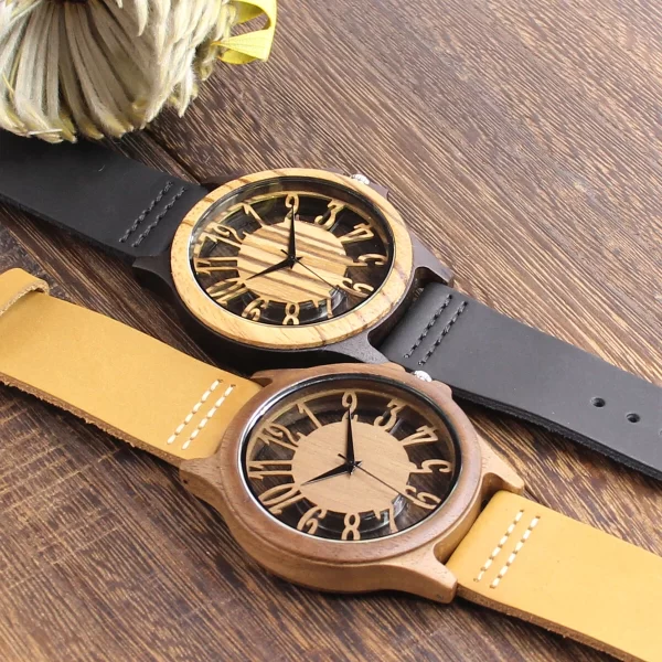 胡桃镂空真皮木制手表 (8) Handcrafted Men's Natural Wood Watch - Unique Quartz Wristwatch Gift for Him