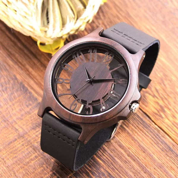 胡桃镂空真皮木制手表 (9) Handcrafted Men's Natural Wood Watch - Unique Quartz Wristwatch Gift for Him