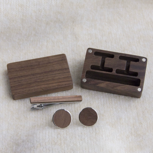 Handcrafted Solid Walnut Wood Cufflink & Tie Clip Organizer Box - Mens Accessories Travel Case
