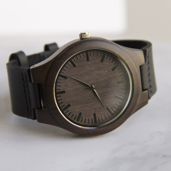 3Ve39vXC Handcrafted Natural Ebony Wood Watch for Men - Japanese MIYOTA Movement Wooden Watch with Black Genuine Leather Strap