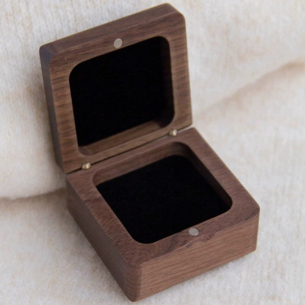 Square Solid Walnut Wood Ring Box - Handcrafted Natural Wooden Engagement & Wedding Ring Case (Single & Dual Slot)