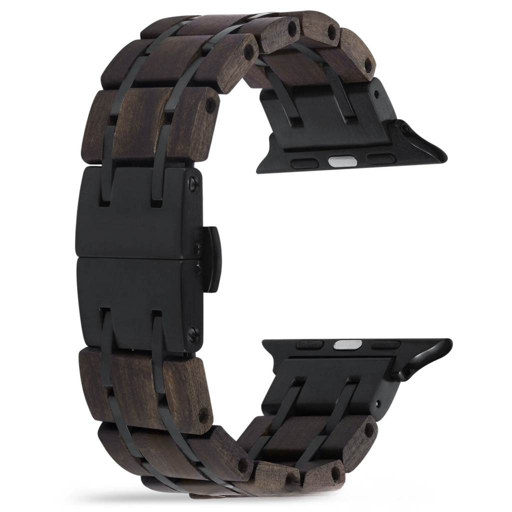 Black Ebony Wood & Stainless Steel Band for Apple Watch 38/40/41/42/44/45/46/49mm - Natural Wood Strap Series 1-11 Ultra