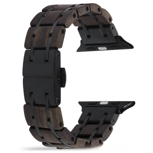 cy8YisHH Black Ebony Wood & Stainless Steel Band for Apple Watch 38/40/41/42/44/45/46/49mm - Natural Wood Strap Series 1-11 Ultra